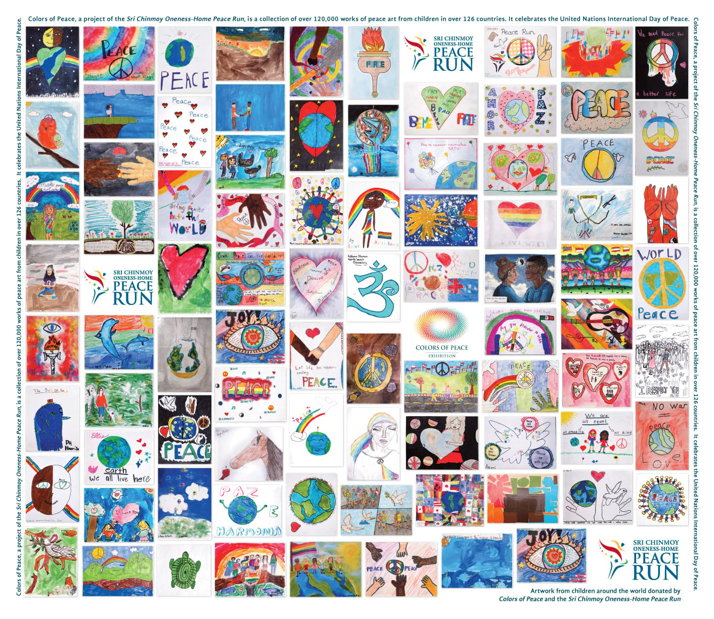 Collage of peace-themed artwork painted by children